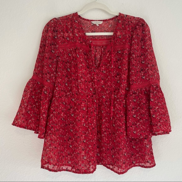 LUCKY BRAND Red Floral Chiffon BOHO Top - Picture 7 of 12